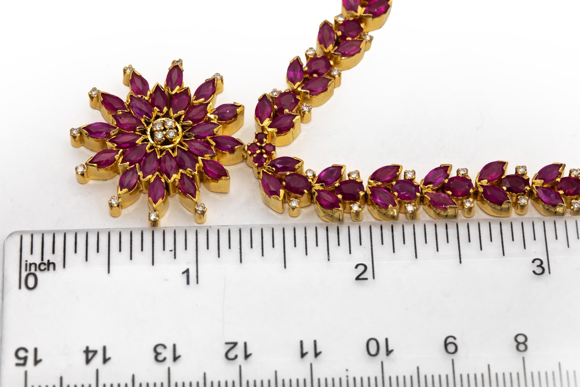 18k & 14k Yellow Gold Ruby and Diamond Floral Formal Necklace 12.60CTW