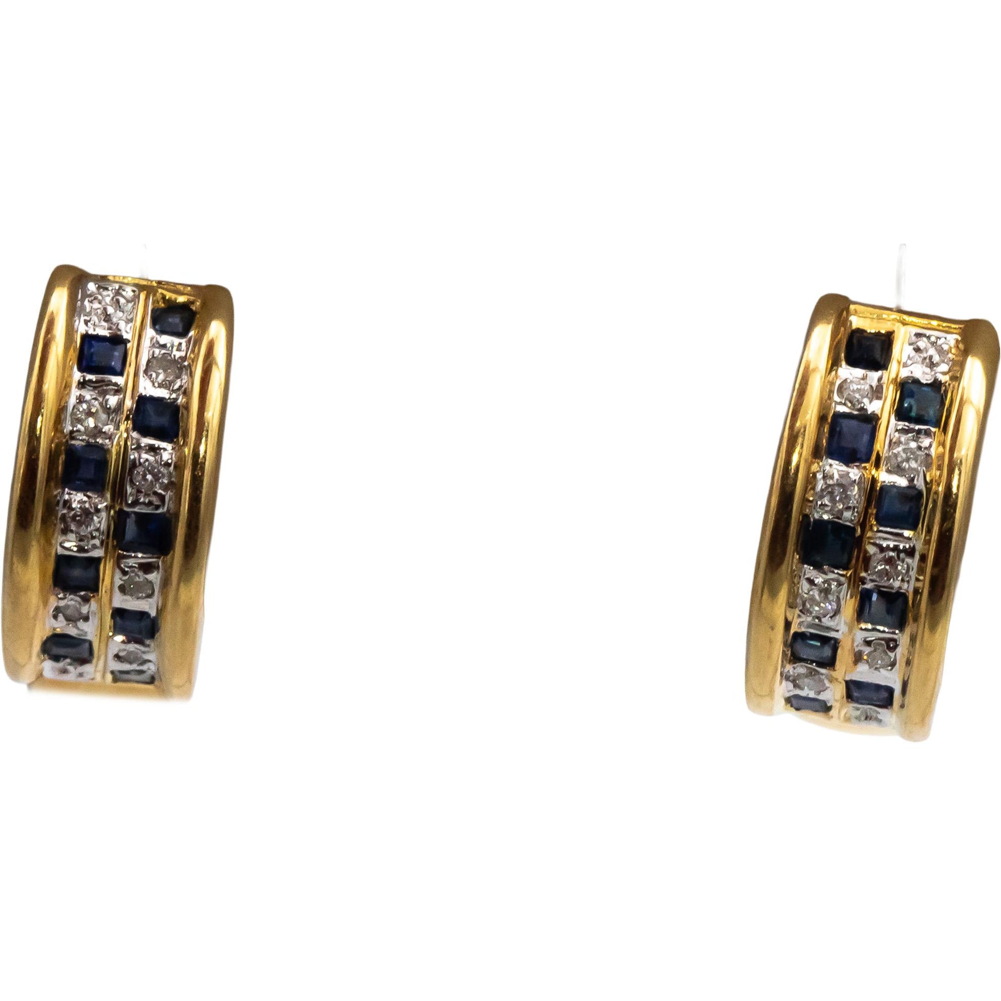 14k Yellow and White Gold Blue Sapphire and Diamond Hoop Huggie Earrings .35CTW