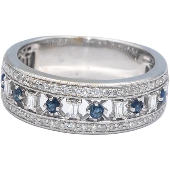 14k White Gold 0.70CT Diamond and Sapphire Band Ring Size 9
