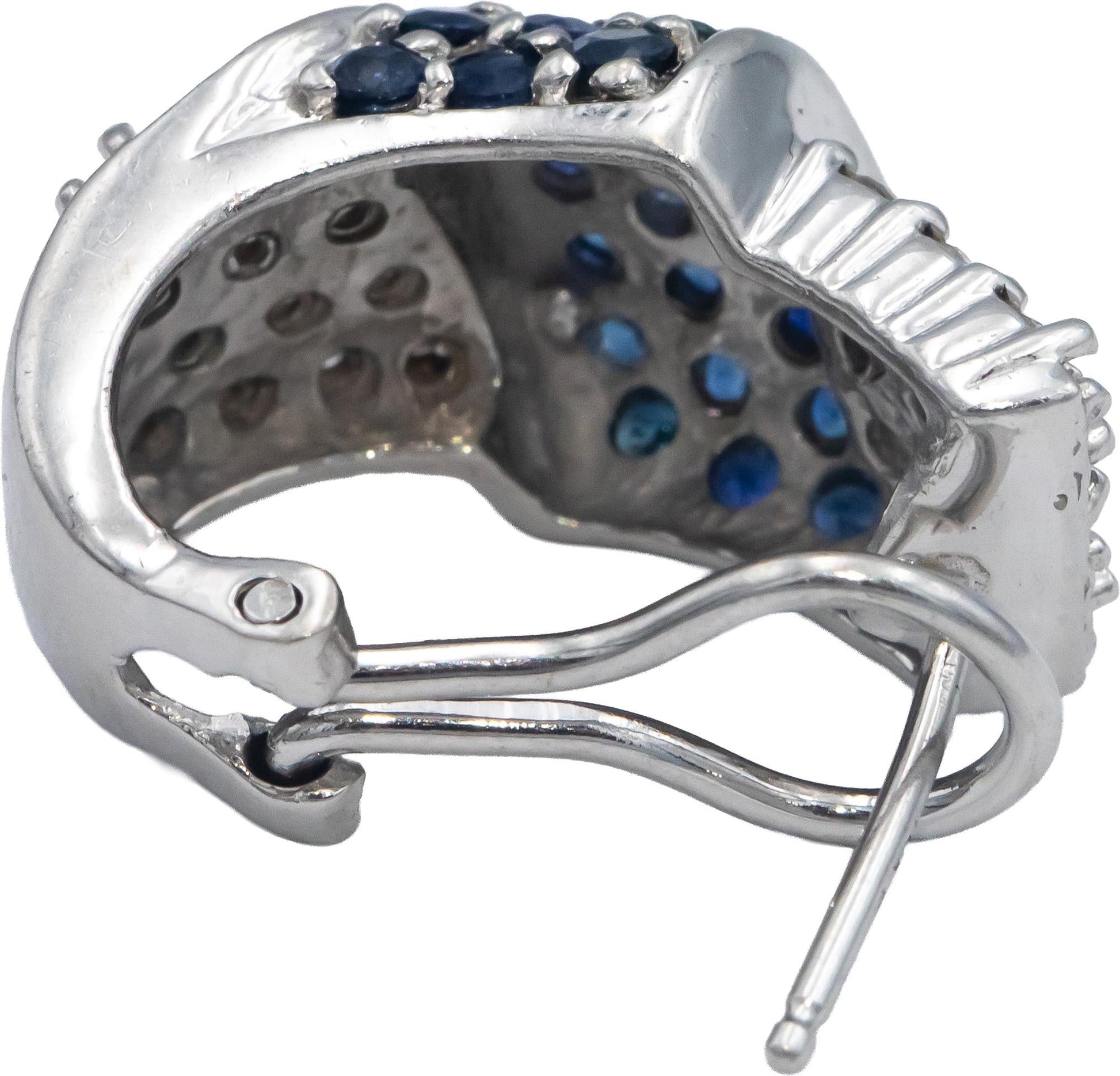 14k White Gold 1.40CT Diamond and Blue Sapphire Cluster Curved Earrings