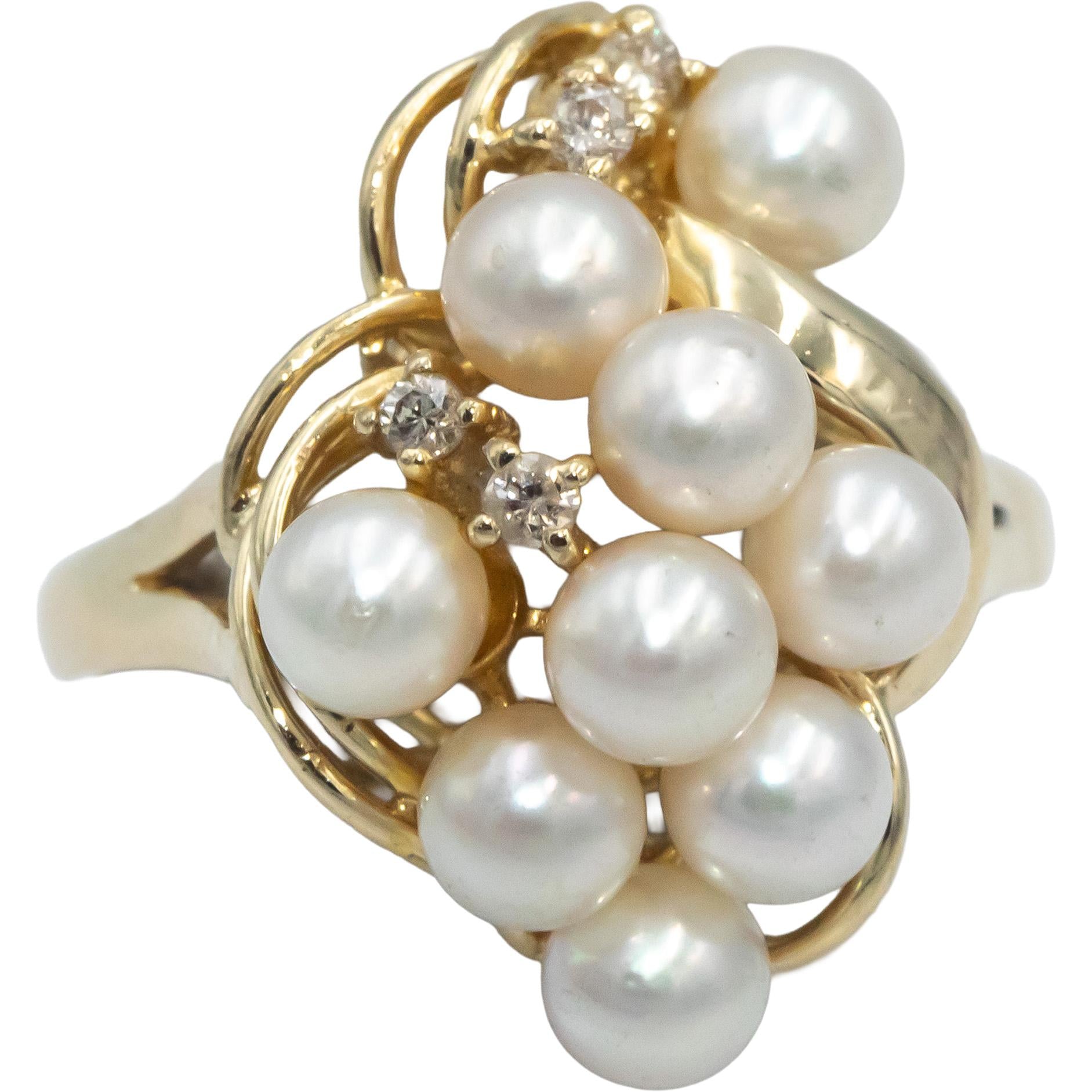14k Yellow Gold Diamond and 4.5mm Pearl Cluster Cocktail Ring 0.05CT Size 6.5