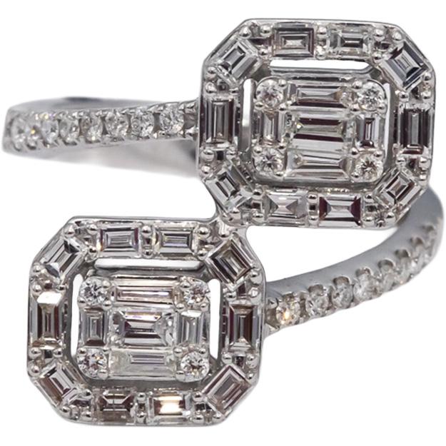 18k White Gold VS Round & Emerald Cut Diamond Bypass Ring 1.25CT Size 6.5