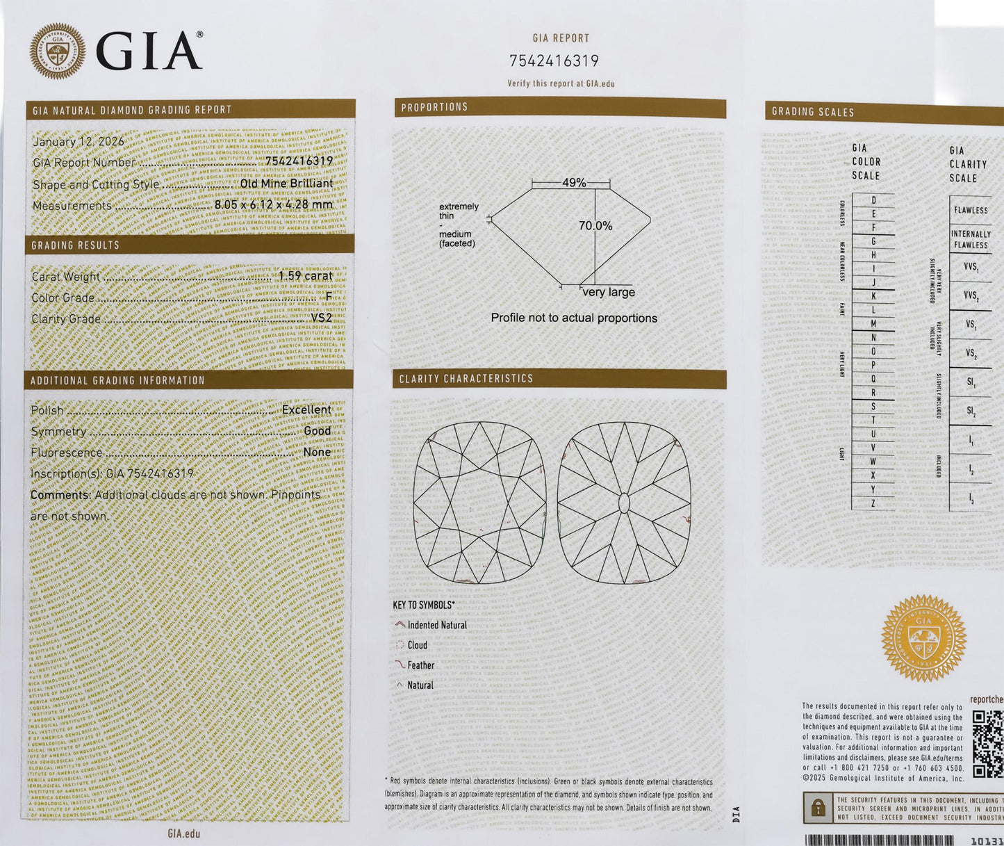GIA Certified 1.59CT Old Mine Cut Diamond F Color VS2 Clarity Loose Stone