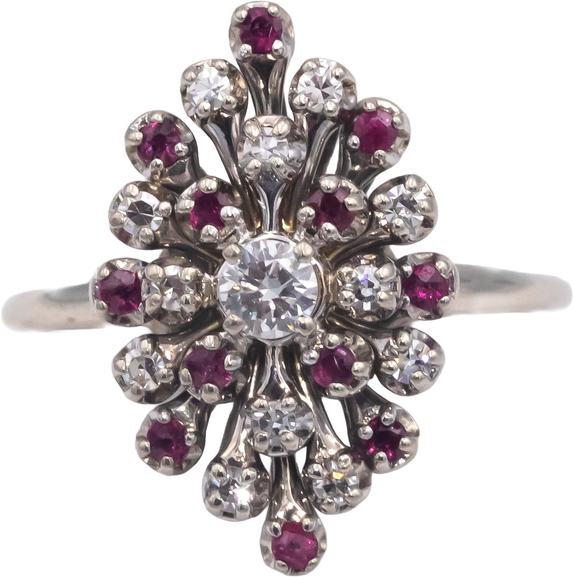 Antique Vintage 14k White Gold 0.55CT Diamond and Ruby Cocktail Ring Size 7