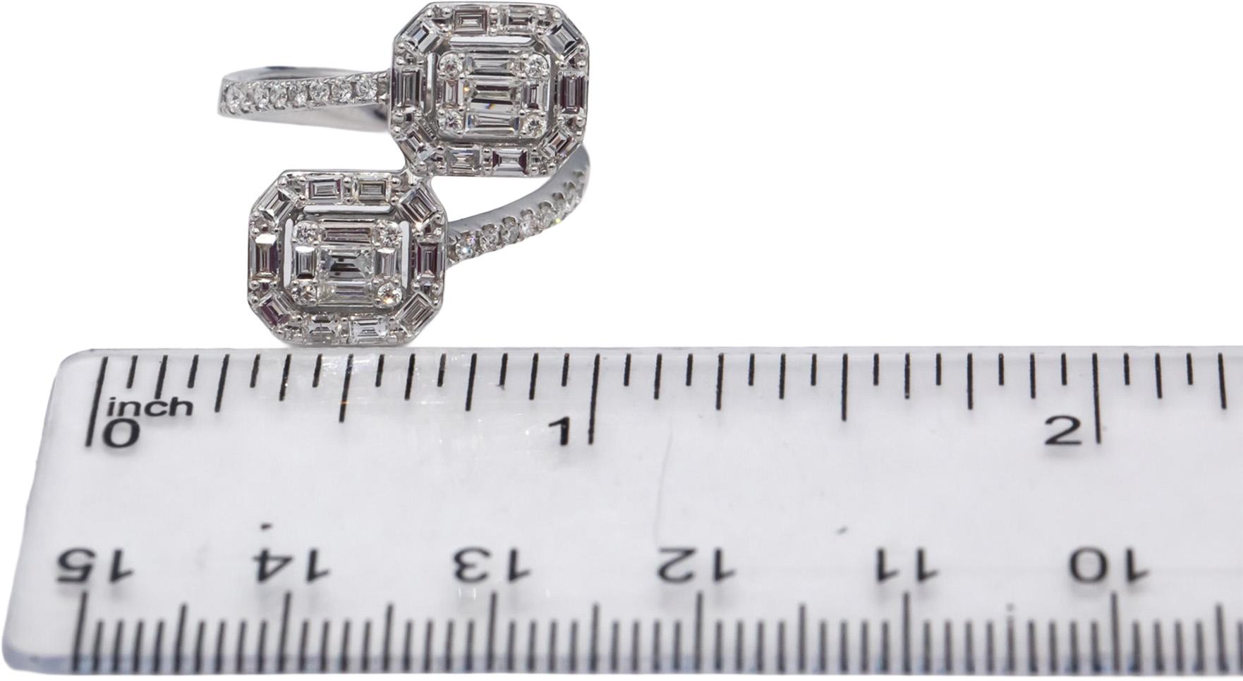 18k White Gold VS Round & Emerald Cut Diamond Bypass Ring 1.25CT Size 6.5