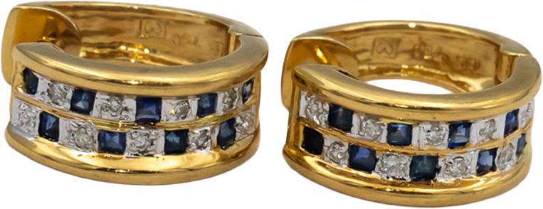 14k Yellow and White Gold Blue Sapphire and Diamond Hoop Huggie Earrings .35CTW