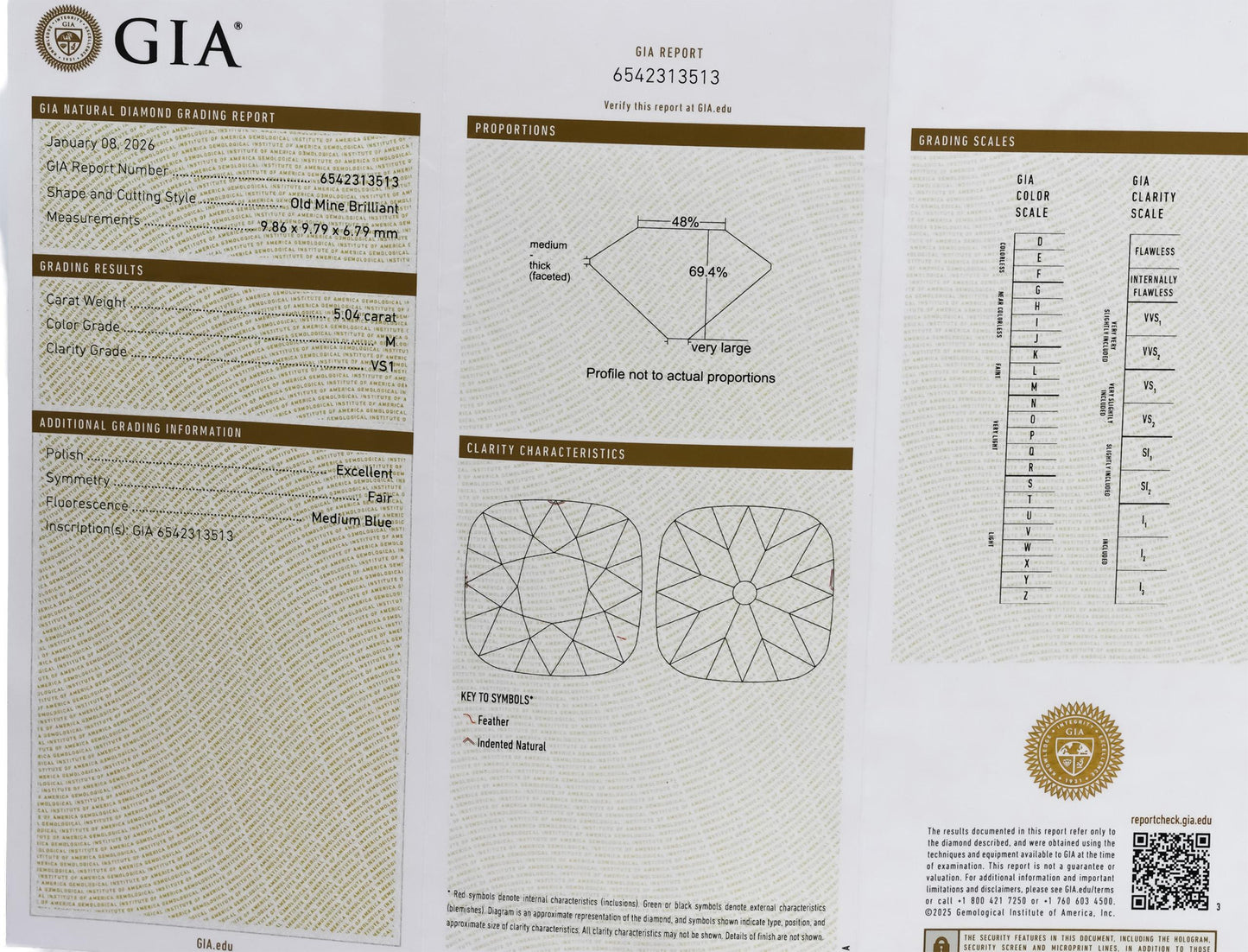 GIA Certified 5.04CT Old Mine Cut Diamond VS1 Clarity M Color Grade