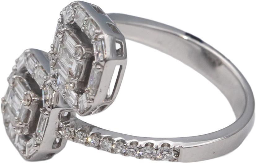 18k White Gold VS Round & Emerald Cut Diamond Bypass Ring 1.25CT Size 6.5