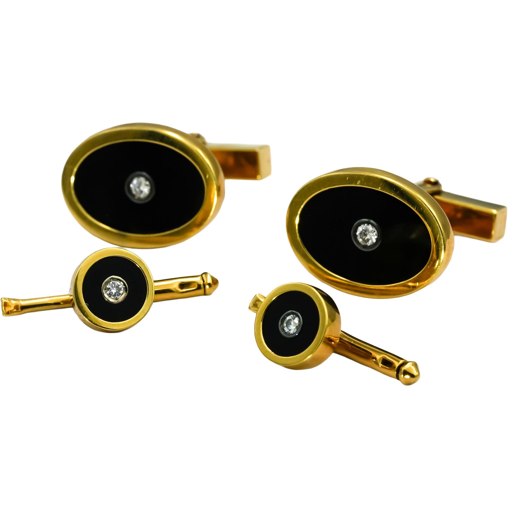TIFFANY & CO. 18k Yellow Gold VS Diamond and Onyx Cufflinks and Stud Set 0.16CT