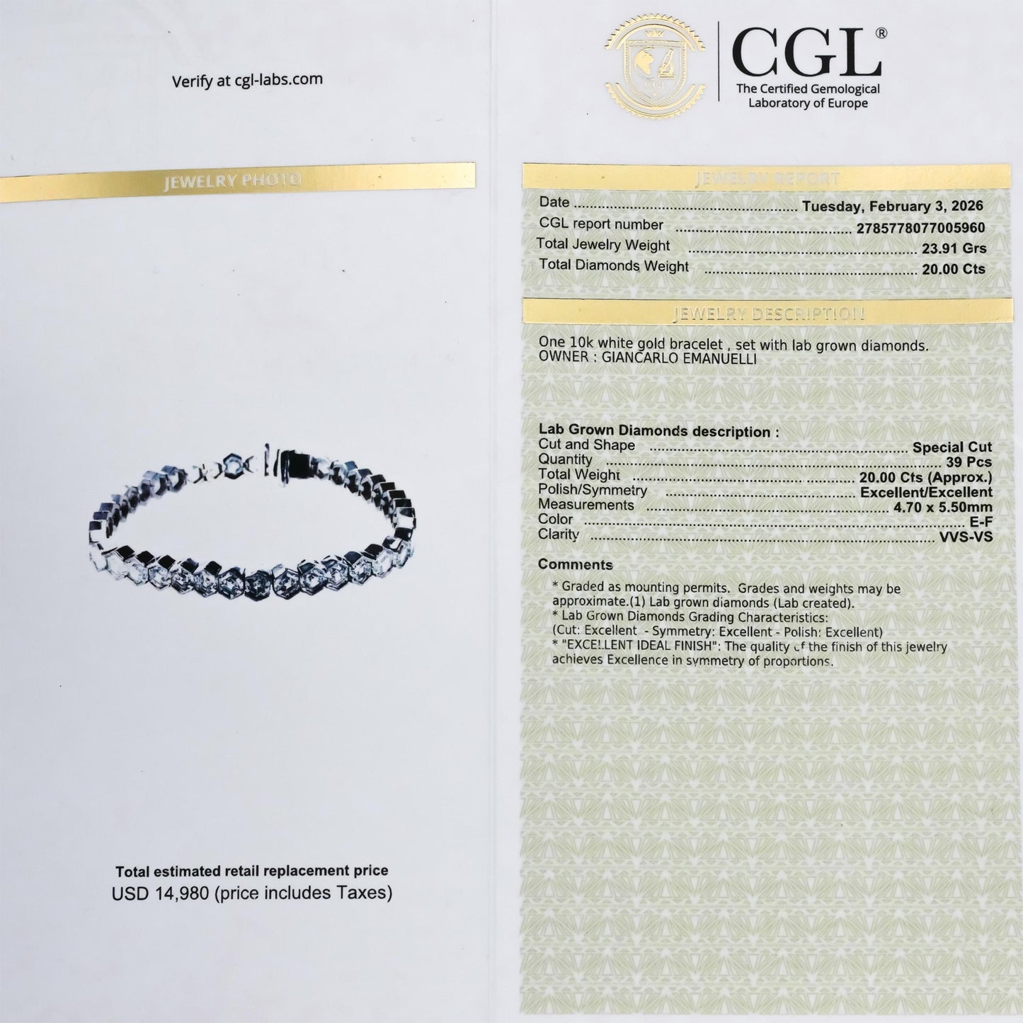 CGL Certified 10k White Gold VS Special Cut Lab-Grown Diamond Bracelet 20.0CT