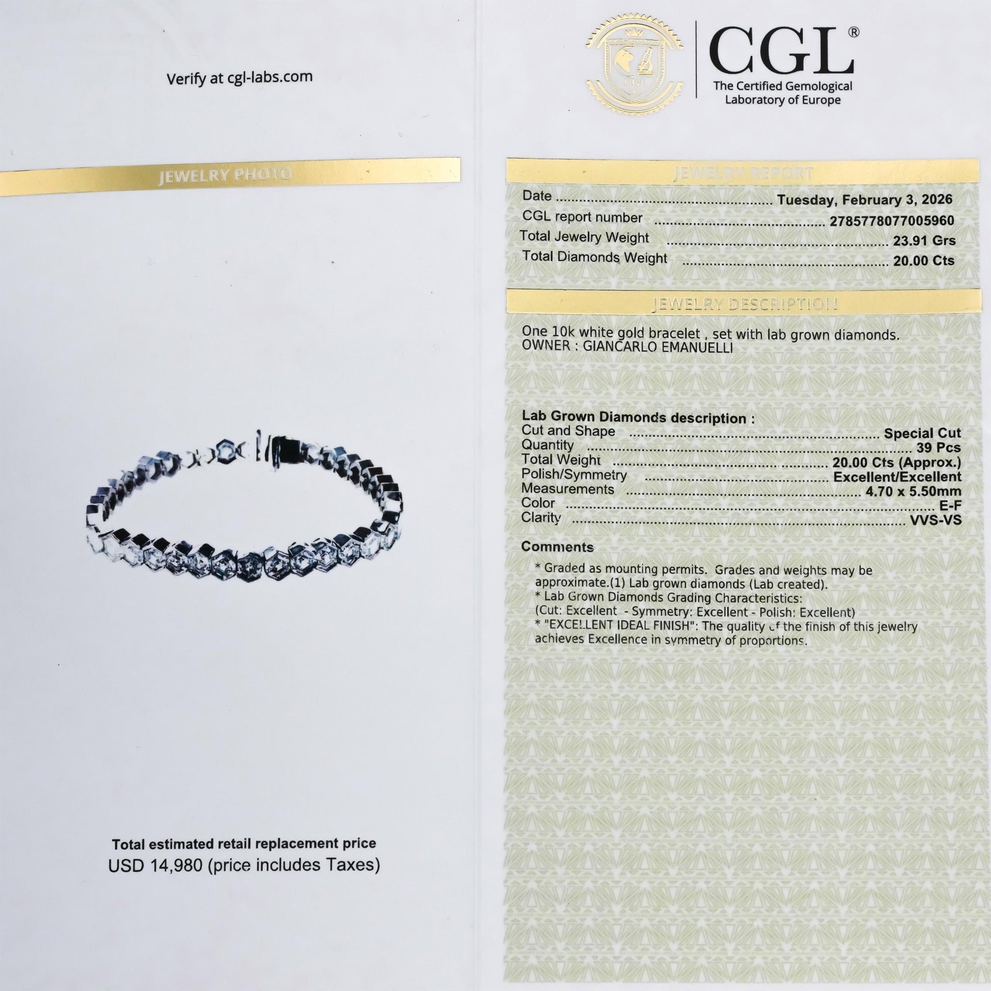 CGL Certified 10k White Gold VS Special Cut Lab-Grown Diamond Bracelet 20.0CT