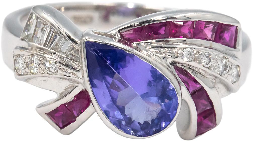 18k White Gold 1.40CT Diamond Tanzanite Ruby Ribbon Ring size 6.75