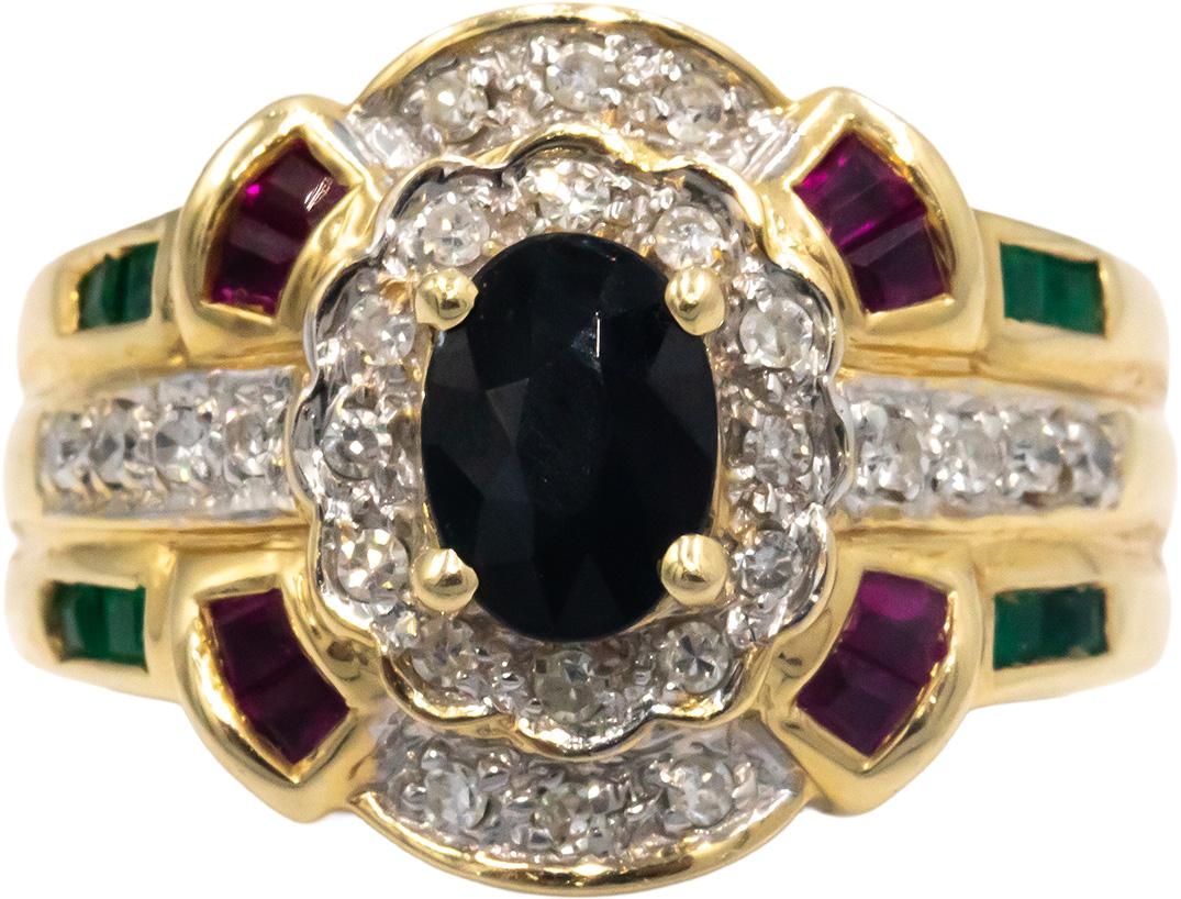 14k Yellow Gold 0.88CT Diamond Sapphire Emerald Ruby Cocktail Ring Size 6