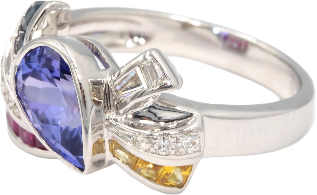 18k White Gold 1.40CT Diamond Tanzanite Sapphire Ruby Ribbon Ring Size 7