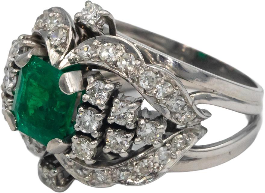 Vintage Antique 14k White Gold Diamond and Emerald Cocktail Ring 2.40CT Size 4.5