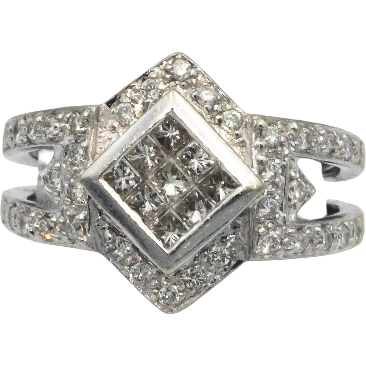 14k White Gold 0.80CT VS Princess and Round Cut Diamond Pave Ring Size 5.25
