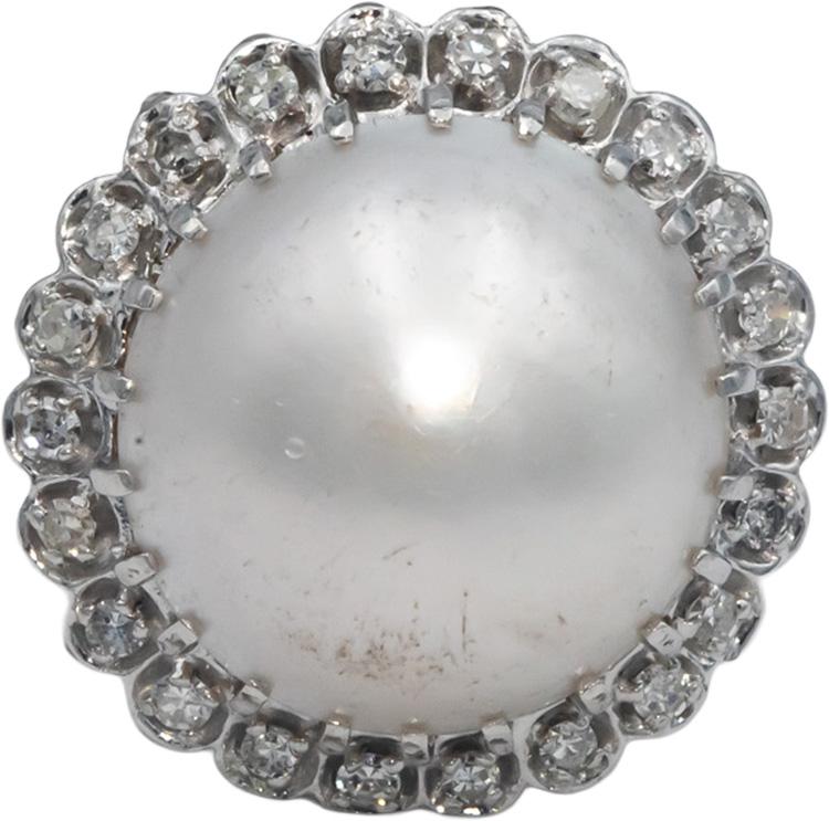 Vintage Antique 14k White Gold Diamond and Mabe Pearl Ring 0.30CT Size 7