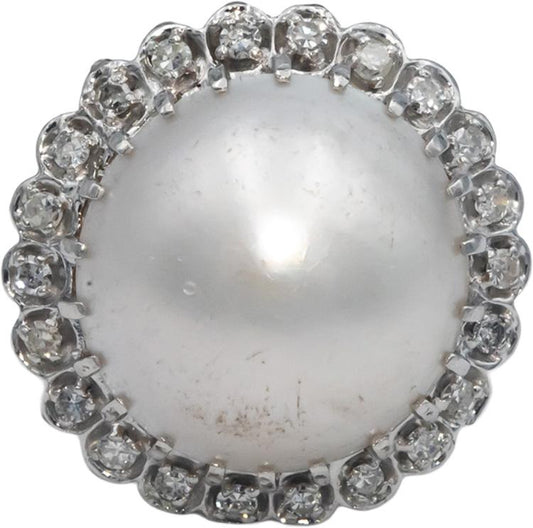 Vintage Antique 14k White Gold 0.30CT Diamond and 16.7mm Mabe Pearl Ring Size 7
