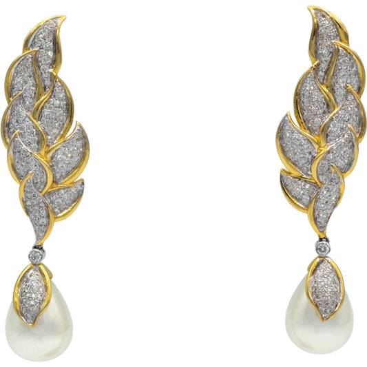 14k Yellow & White Gold Diamond and 13mm Pearl Drop Dangle Floral Earrings 1.0CT
