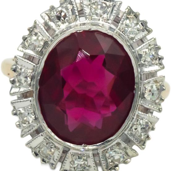 Vintage Antique 14k White Yellow Gold 0.20CT Diamond & Synthetic Red Stone Ring