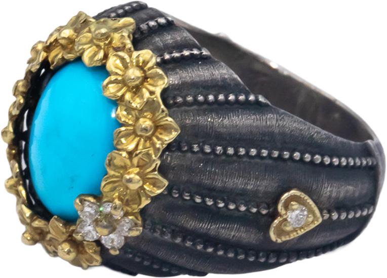STAMBOLIAN 18k Gold Sterling Silver VS Diamond and Turquoise Ring 2.60CT Size 7