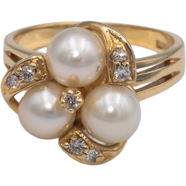 14k Yellow Gold Round Diamond and Pearl Cocktail Ring 0.08CT Size 6