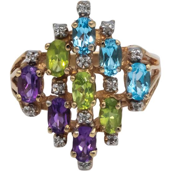 10k Yellow Gold 1.30CT Diamond and Assorted Gemstone Cluster Ring Size 7.5