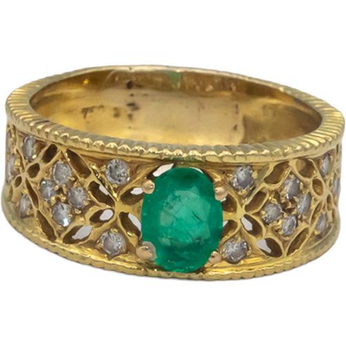 18k Yellow Gold VS Round Diamond & Oval Emerald Band Ring 0.80CT Size 8.75