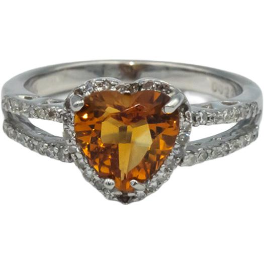 14k White Gold 2.29CT Diamond and Citrine Heart Ring Size 6.75