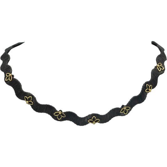 STAMBOLIAN 18k Gold and Sterling Silver Wavy Mesh Floral Necklace