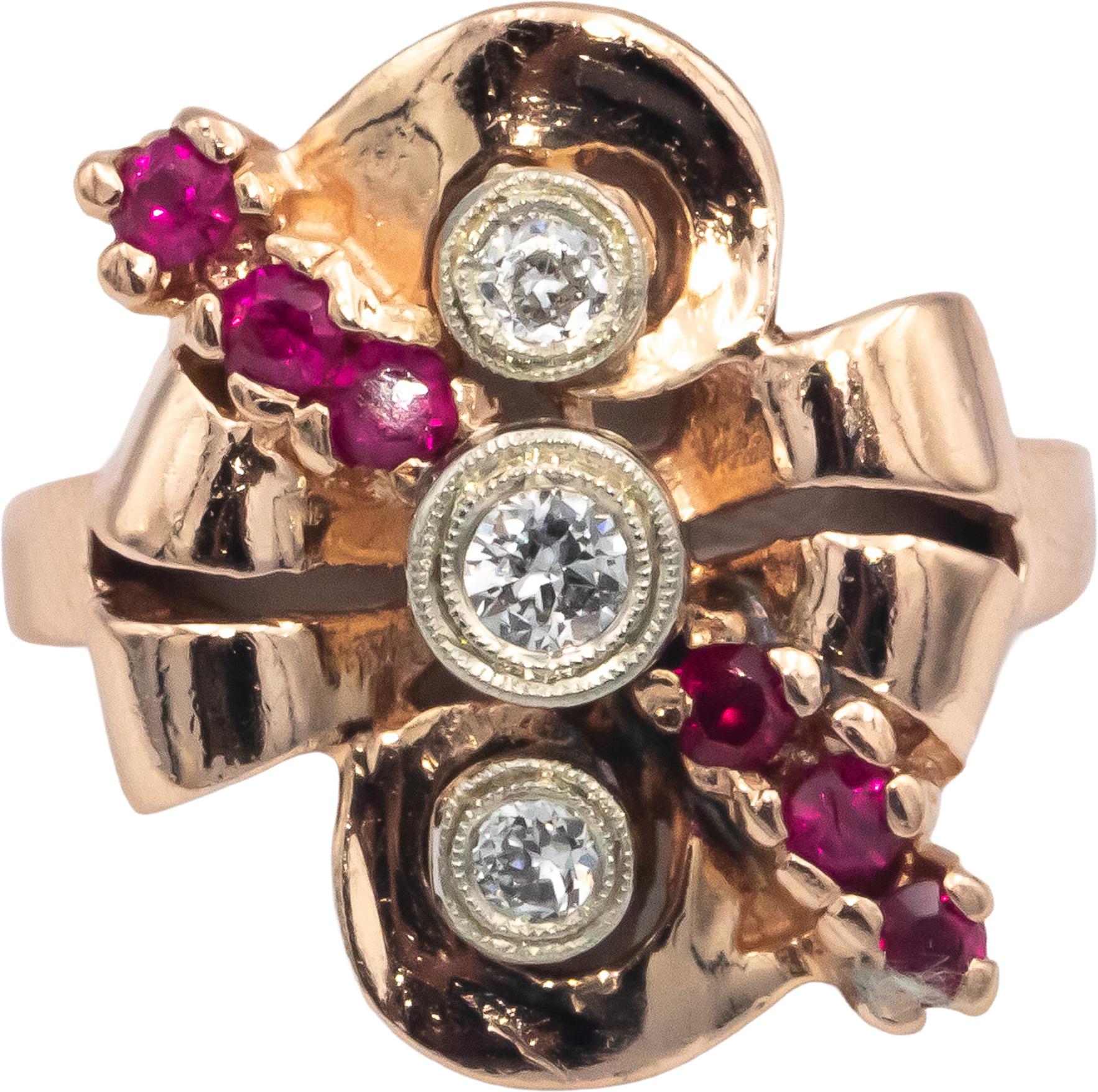 Vintage Retro 14k Rose Gold 0.55CT Diamond & Ruby Ring Size 9.75