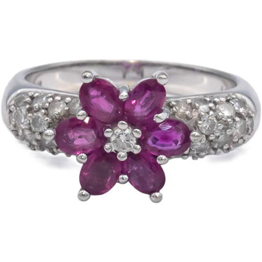 BH Effy 14k White Gold 1.95CT Diamond and Ruby Flower Ring Size 6.75