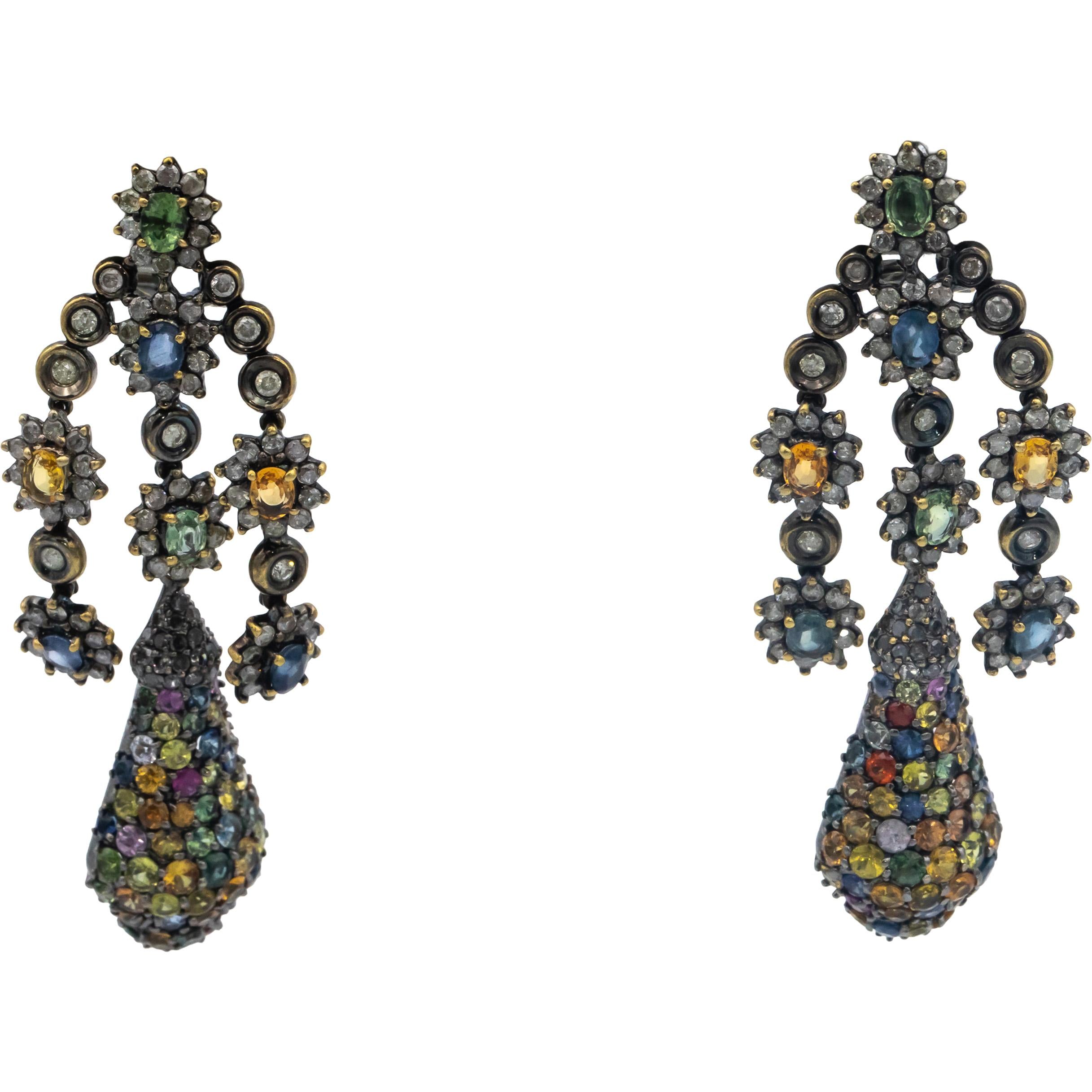 18k White Yellow Gold Diamond and Rainbow Sapphire Day Night Earrings 11.0CT