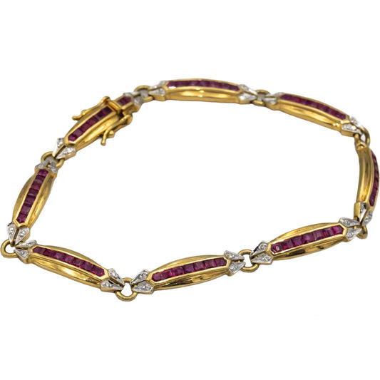 Designer 18k Yellow Gold 2.08CT Diamond and Ruby Link Tennis Bracelet
