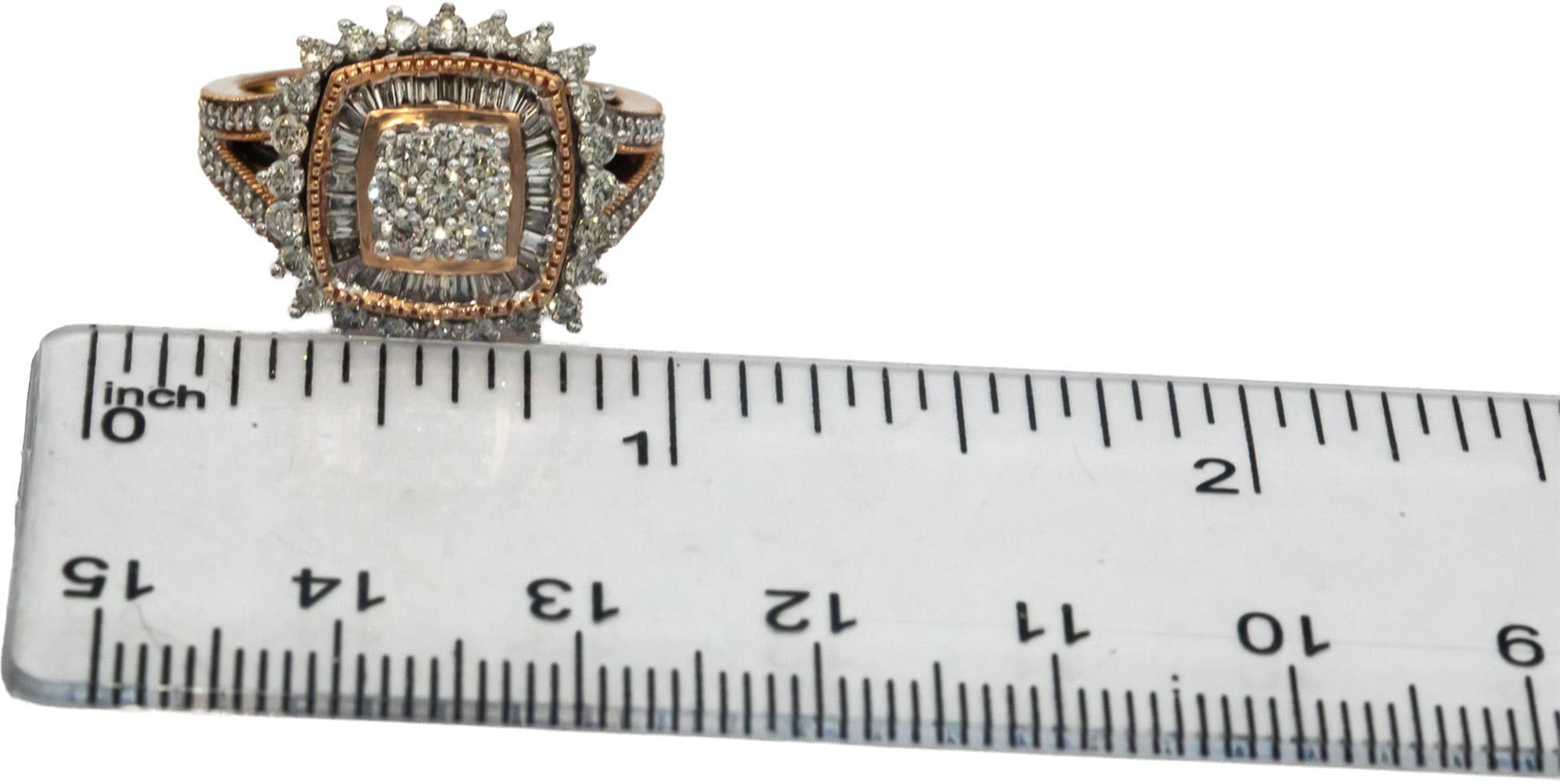10k Rose Gold Round & Baguette Cut Diamond Cluster Ring 1.0CT Size 7