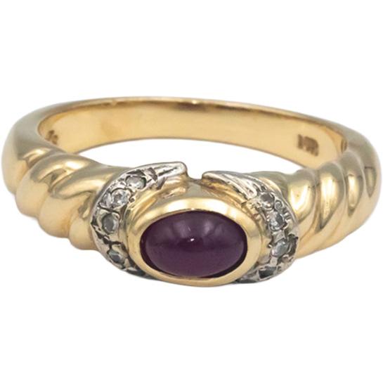 14k Yellow Gold Round Diamond Cabochon Ruby Ring 0.56CT Size 6.75