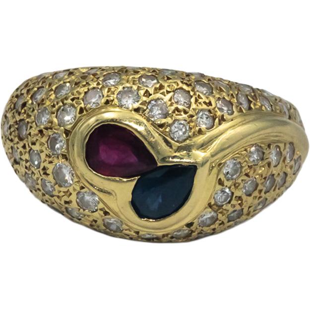 14k Yellow Gold 2.10CT Diamond Ruby Sapphire Cluster Dome Ring Size 6.75