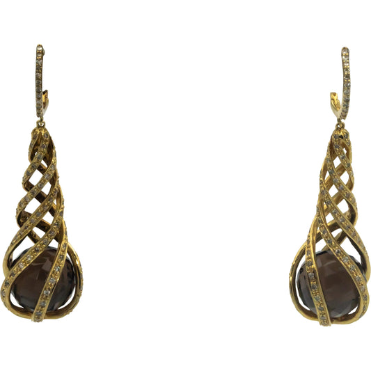 14k & 18k Yellow Gold 0.75CT Diamond and Smokey Quartz Drop Dangle Earrings