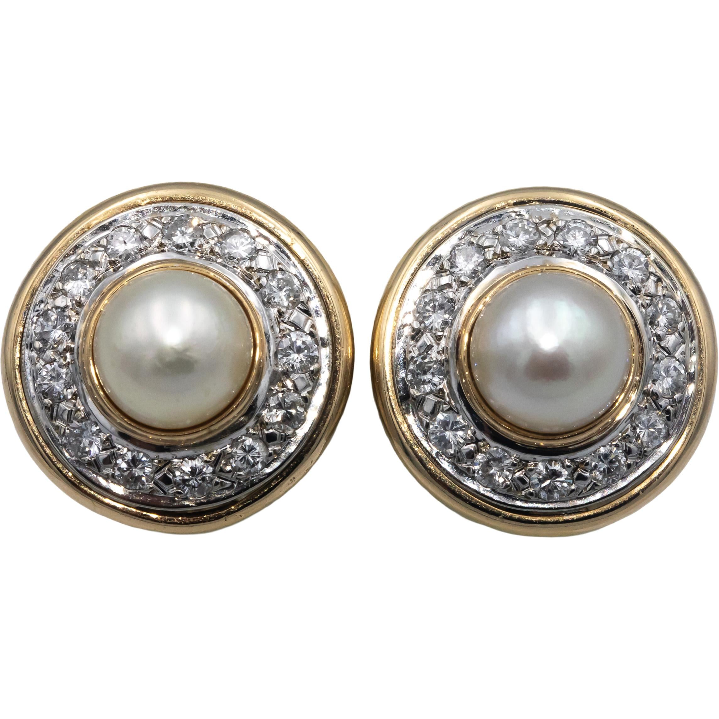 14k Yellow Gold Diamond and 8.5mm Pearl Clip-On Earrings 0.75CT