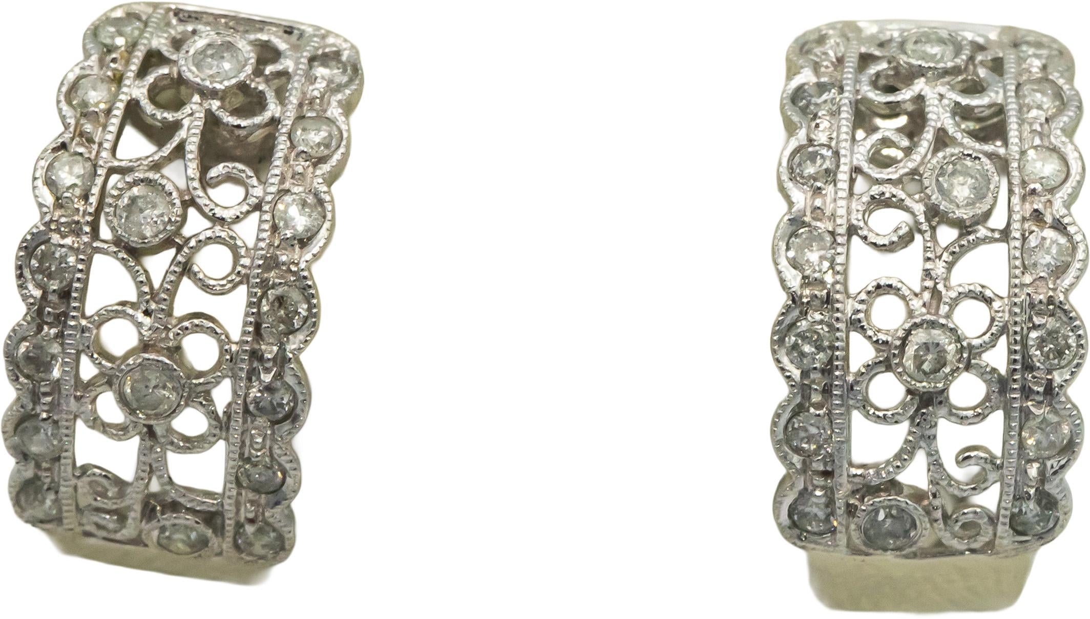 14k White Gold Round Diamond Filigree Hoop Earrings 0.45CT