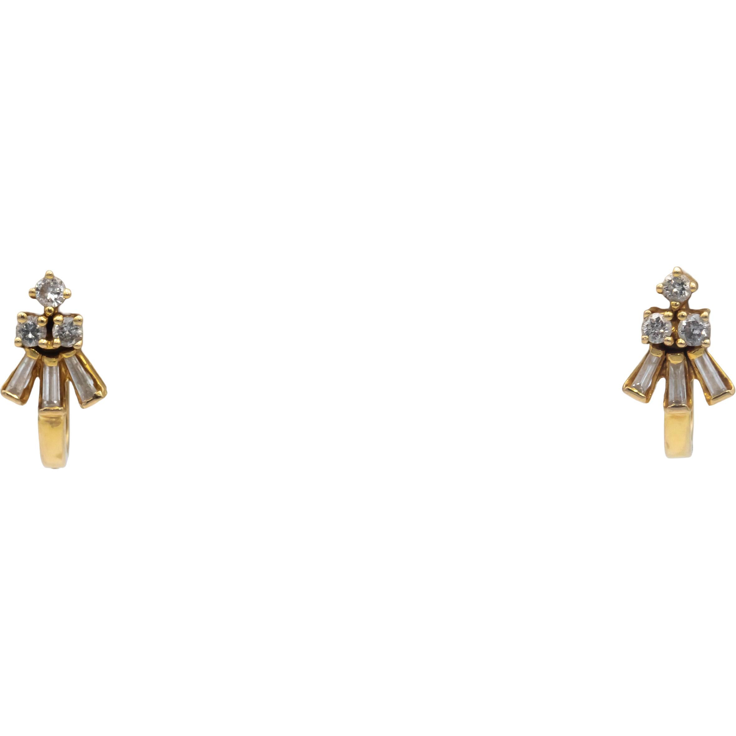 18k Yellow Gold Jewelry Round & Baguette Cut Diamond Earrings 0.75CT
