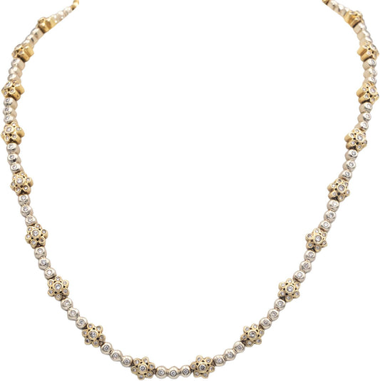 14k Yellow & White Gold Round Cut Diamond Floral Link Necklace 3.50CT