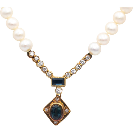18k Yellow Gold Diamond Sapphire and 6.0mm Pearl Strand Necklace 1.75CT