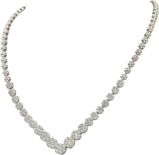 Diamond 14k White Gold Round Cut Cluster V-Shaped Formal Necklace 3.0CT