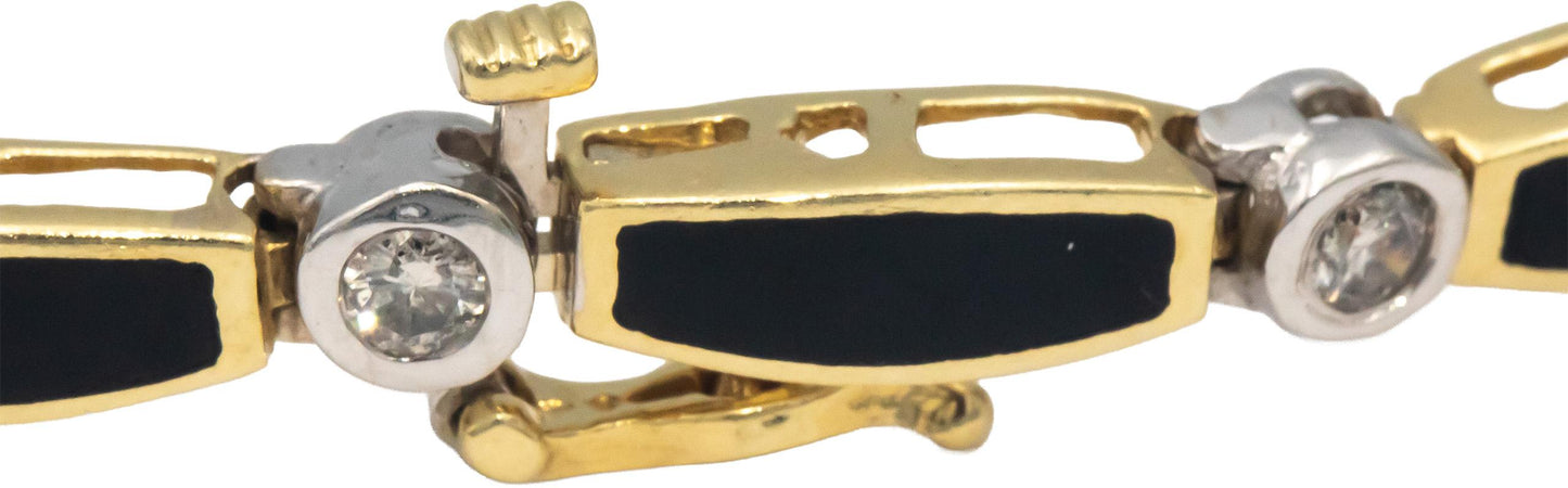 14k Yellow & White Gold 1.0CT Round Cut Diamond & Onyx Fancy Link Bracelet