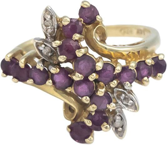 14k Yellow Gold 1.28CT Diamond and Ruby Floral Cluster Ring Size 8