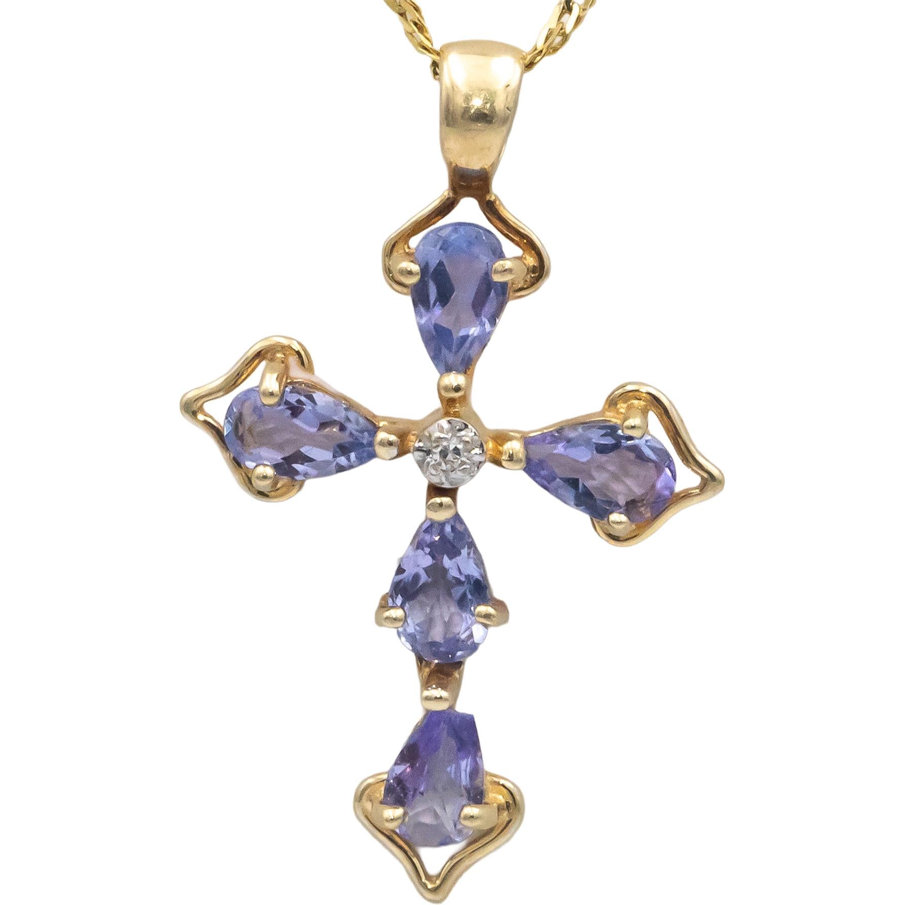 14k Yellow Gold 0.76CT Diamond and Tanzanite Cross Crucifix Pendant Necklace