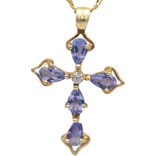 14k Yellow Gold 0.76CT Diamond and Tanzanite Cross Crucifix Pendant Necklace