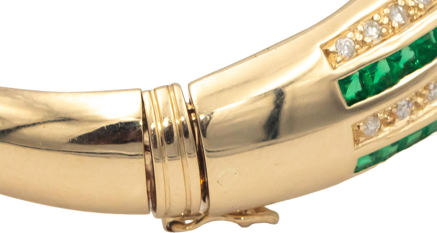 CGL Certified 14k Yellow Gold 6.0CT Diamond and Emerald Bangle Bracelet