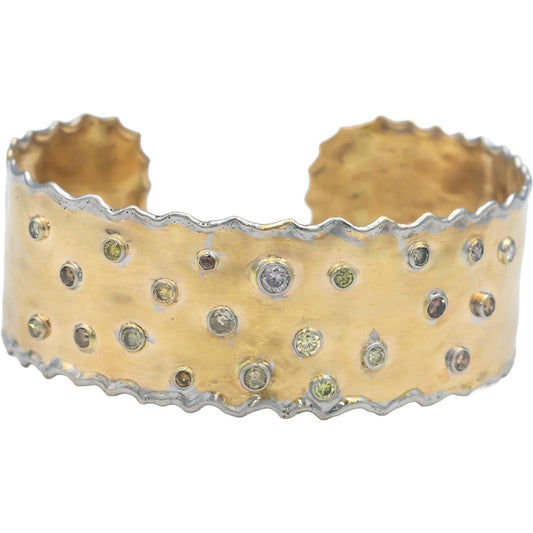 14k Yellow & White Gold Multi-Color Diamond Hammered Cuff Bangle Bracelet 1.35CT